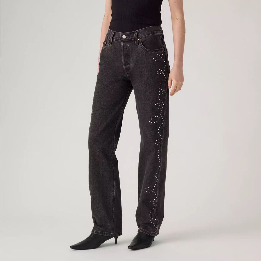 NWT $128 Levi's Premium 501 '90s Black Denim Studded Western Jeans Women 29x30
